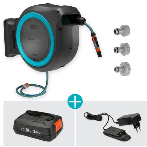 GARDENA Avvolgitubo da parete a batteria PowerRoll XXL POWER FOR ALL set: tubo da 40 m, riavvolgimento automatico, batteria e caricatore inclusi (18645-20)