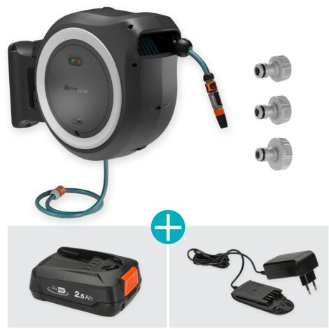 GARDENA Avvolgitubo da parete a batteria PowerRoll XXL POWER FOR ALL set: tubo da 40 m, riavvolgimento automatico, batteria e caricatore inclusi (18647-20)