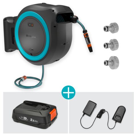 GARDENA Avvolgitubo da parete a batteria PowerRoll XL POWER FOR ALL set: tubo da 35 m, riavvolgimento automatico, batteria e caricatore inclusi (18640-20)