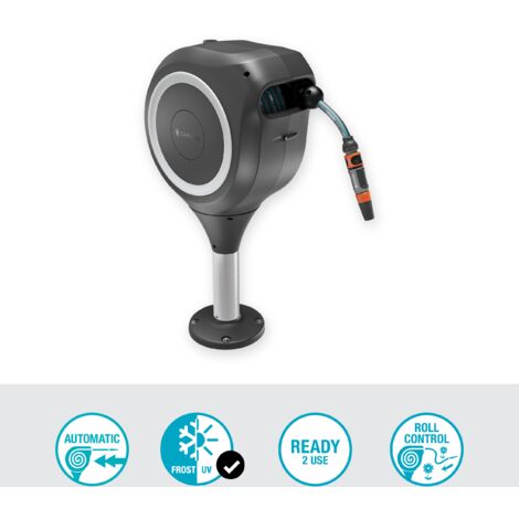 GARDENA Avvolgitubo da terrazzo RollUp S, tubo da 15 m incluso, riavvolgimento automatico, rotazione 360°, bianco (18607-20)