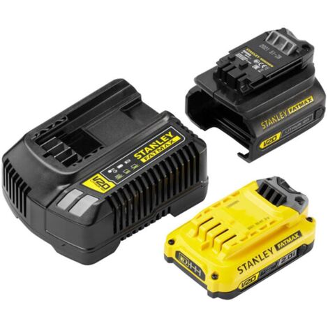 STANLEY Fatmax SFMCB121D1 QW Caricabatterie V20 agli ioni di litio 18V 2A e adattatore V20 agli ioni di litio per utensili Stanley Fatmax 18V e 1 batteria V20 agli ioni di litio 18V 2AH