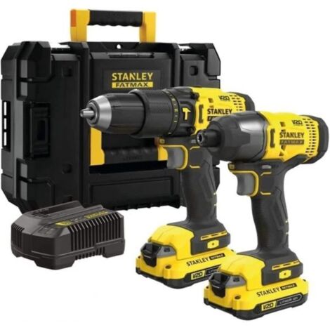 Stanley Utensili - Set trapano a percussione e avvitatore a percussione a batteria 18 V, 2 batterie Li-Ion 2,0 Ah, caricabatterie SFMCK465D2T-QW