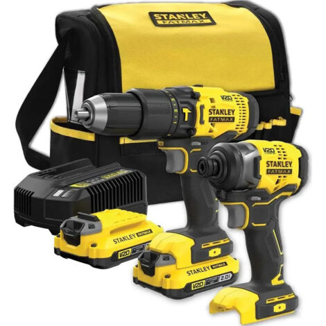 Stanley Utensili - Set trapano a percussione e avvitatore a percussione a batteria 18 V, 2 batterie Li-Ion 2,0 Ah, caricabatterie SFMCK465D2S-QW
