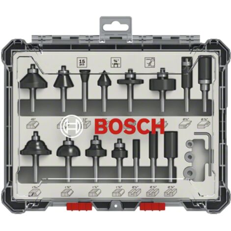 Bosch Professional 2607017473 - Set da 15 pezzi Set di frese (per legno, per frese verticali con gambo da 1/4"