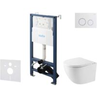 kielle Genesis New - Set bâti-support, WC compact Oudee, Vortex Rimless+, siège à fermeture progressive et bouton-poussoir Gemini New II, blanc brillant/chrome 30528SS40