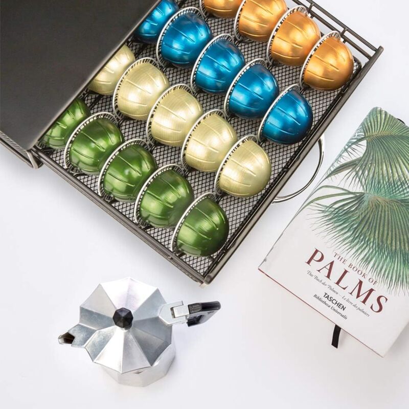 Panier à Capsules De Café Noir – Grand Rangement 60 Capsules, Style Vintage Bois & Métal, Multifonction Pour Cuisine & Bureau