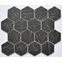 Plaque de mosaique 29,8 CM x 25,9 CM en verre émaillé noir mat, forme hexagone, 73 MM - Couleur : noir mat imitation marbre - NOIR MAT IMITATION MARBRE