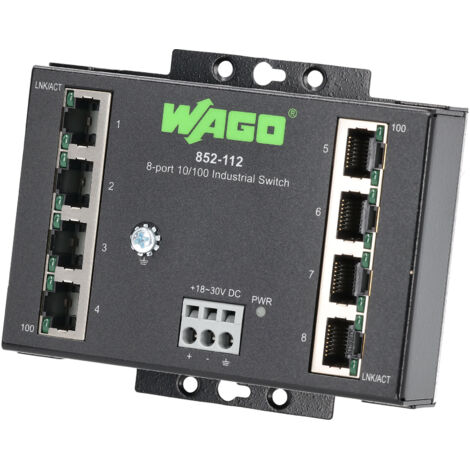 WAGO 852-112 Switch, 8 Port(s), Industrial, Unmanaged Fast Ethernet, DIN Rail, RJ45 x 8 (1/4)