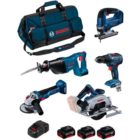 BOSCH Kit 0615990N39 (GSR 18V-55 + GWS 18V-10 + GKS 18V-57-2 + GSA 18V-LI + GST 18V-125 B + 3 x 4,0 Ah + GAL1880CV + Tasche)