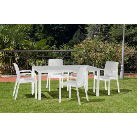 Dmora Chaise d’extérieur Viterbo, Chaise de jardin, Chaise pour table à manger, Fauteuil d'extérieur effet rotin, 100% Made in Italy, Ensemble de 4, Cm 54x60h82, Blanc