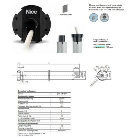 Moteur Era FIT MP Ø45mm, radio 8Nm 17Rpm,max 15kg,fin course électronique NICE