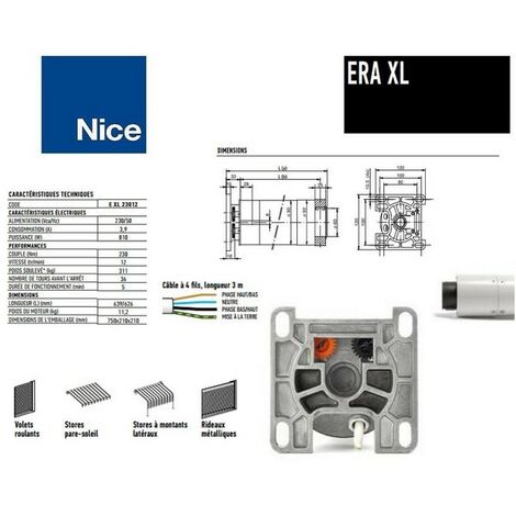 Moteur Era XL pour rideaux métalliques, filaire, 230Nm, diam. 90mm, 311 Kg NICE
