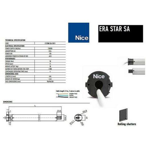 Moteur Era Star SA Ø35mm,filaire 10Nm, max 18 kg,fin course électronique NICE