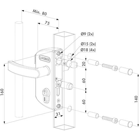 Serrure LAKZ de porte à grilles pour tube carré de 40 mm en aluminium - Locinox -