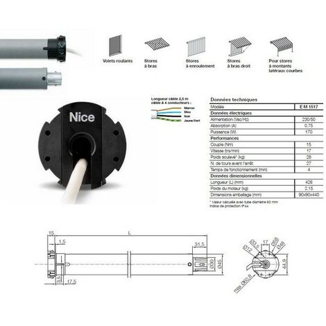 Moteur ERA M Ø 45 mm, filaire, fin course mécanique, 15 Nm, 17Rpm, 28Kg, NICE