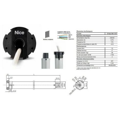 Moteur Era Star M Ø45mm,filaire 15Nm 17Rpm,max 28kg,fin course électronique NICE