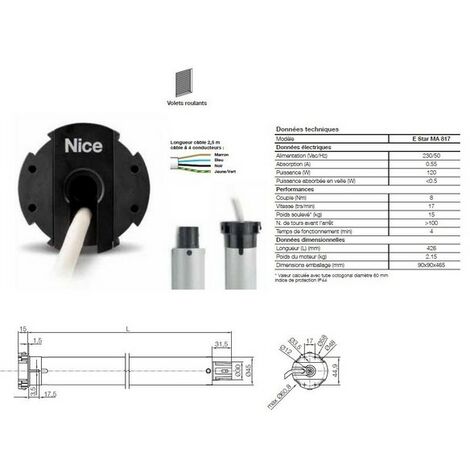 Moteur Era Star MP Ø45mm,filaire 8Nm 17Rpm,max 15kg,fin course électronique NICE