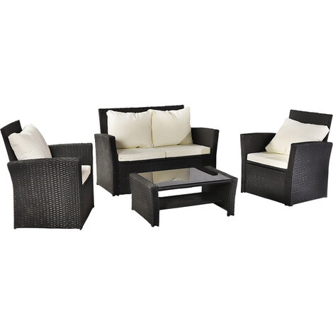 Rattan Garden Sofa Furniture Sets Patio Conservatory 4 Seaters Armchairs Table wish Cushion - Black