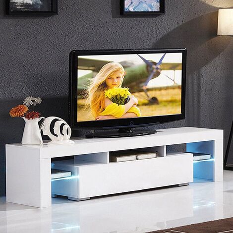 Modern TV Cabinet Stand Storage Drawer Shelf Table LED Living Room - White