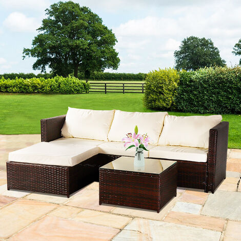 3 Piece Garden Rattan Furniture Set Conjoined Sofa Pedal Coffee Table Brown - Small Rattan Patio Set