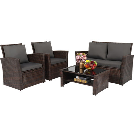 4 Pcs Rattan Garden Sofa Set Patio Furnitures Dark with Gray Cushion Coffee Table-Brown - Brown
