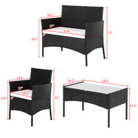 2pcs Arm Chairs 1pc Love Seat & Tempered Glass Coffee Table Rattan Sofa Set -Black