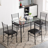 110x70x76cm Iron Glass Dining Table and Chairs Black One Table and Four Chairs PU Cushion