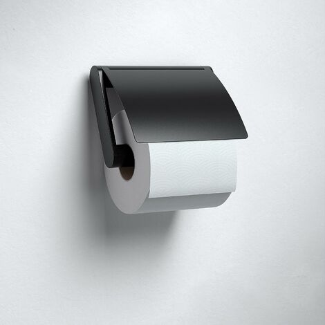 KEUCO Toilettenpapierhalter aus Metall, schwarz matt pulverbeschichtet, mit Deckel, WC-Rollenhalter für Badezimmer und Gäste-WC, Plan Black Selection (1/5)