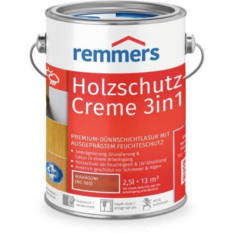 Remmers Holzschutz-Creme 3in1 mahagoni, 2,5 Liter, tropffreie Holzlasur für aussen, 3facher Holzschutz mit Imprägnierung + Grundierung + Lasur