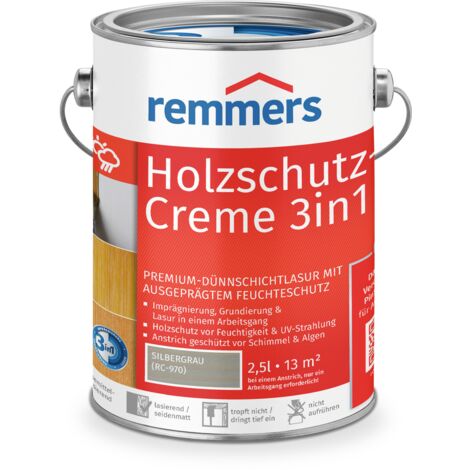 Remmers Holzschutz-Creme 3in1 silbergrau, 2,5 Liter, tropffreie Holzlasur für aussen, 3facher Holzschutz mit Imprägnierung + Grundierung + Lasur