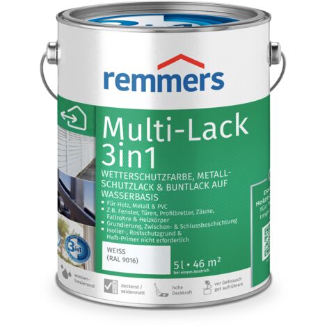 Remmers Multi-Lack 3in1 weiß (RAL 9016), 5 Liter, Wetterschutzfarbe, Metallschutzlack & Buntlack auf Wasserbasis für Holz, Metall & PVC