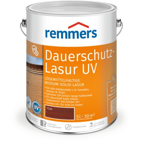 Remmers Dauerschutz-Lasur UV teak, 5 Liter, Holz UV-Schutz für außen, auch für helle Farbtöne und farblos UV+, blockfest, wetterbeständig (1/5)