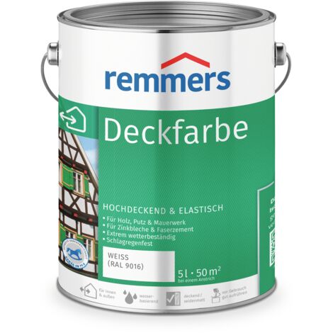 Remmers Deckfarbe weiß (RAL 9016), 5 Liter, Deckfarbe für innen und außen, Wetterschutzfarbe viele Untergründe, hochdeckend, wetterfest