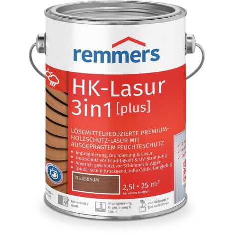 Remmers HK-Lasur 3in1 [plus] nussbaum, matt, 2,5 Liter, Holzlasur, Premium Holzlasur außen, 3fach Holzschutz mit Imprägnierung + Grundierung + Lasur