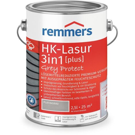 Remmers HK-Lasur 3in1 Grey Protect [plus] platingrau, matt, 2,5 Liter, Holzlasur, Premium Holzlasur außen, natürliche Grautöne, 3in1 Holzschutz