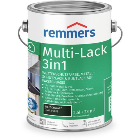 Remmers Multi-Lack 3in1 tiefschwarz (RAL 9005), 2,5 Liter, Wetterschutzfarbe, Metallschutzlack & Buntlack auf Wasserbasis für Holz, Metall & PVC
