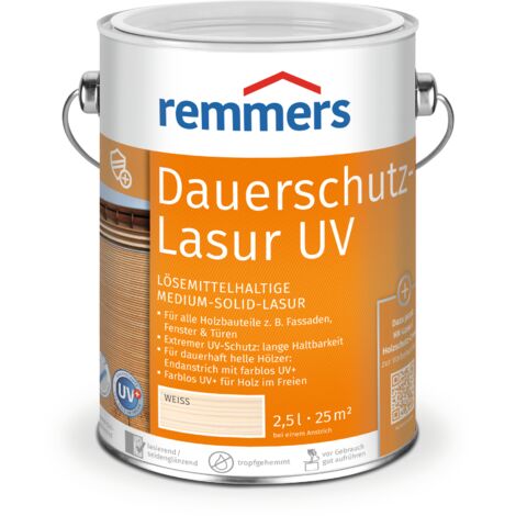 Remmers Dauerschutz-Lasur UV weiß, 2,5 Liter, Holz UV-Schutz für außen, auch für helle Farbtöne und farblos UV+, blockfest, wetterbeständig