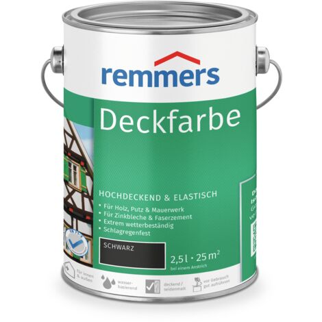Remmers Deckfarbe schwarz, 2,5 Liter, Deckfarbe für innen und außen, Wetterschutzfarbe viele Untergründe, hochdeckend, wetterfest