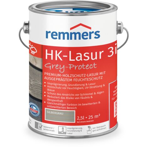 Remmers HK-Lasur 3in1 Grey-Protect silbergrau, 2,5 Liter, Holzlasur für Vergrauung außen, 3 Holzschutz Produkte in einem, Feuchtigkeit- und UV-Schutz