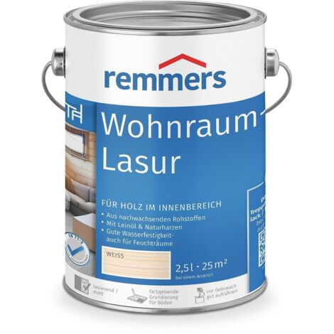 Remmers Wohnraum-Lasur weiß, 2,5 Liter, Holzlasur innen, für Möbel, Böden, Innentüren und Treppen geeignet, mit Abperleffekt