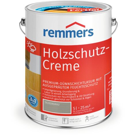 Remmers Holzschutz-Creme 3in1 silbergrau, 5 Liter, tropffreie Holzlasur für aussen, 3facher Holzschutz mit Imprägnierung + Grundierung + Lasur
