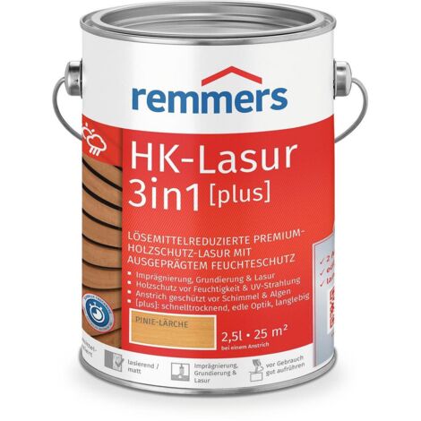 Remmers HK-Lasur 3in1 [plus] pinie/lärche, matt, 2,5 Liter, Holzlasur, Premium Holzlasur außen, 3fach Holzschutz mit Imprägnierung + Grundierung + Lasur