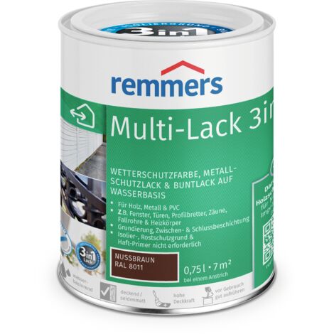 Remmers Multi-Lack 3in1 nussbraun (RAL 8011), 0,75 Liter, Wetterschutzfarbe, Metallschutzlack & Buntlack auf Wasserbasis für Holz, Metall & PVC