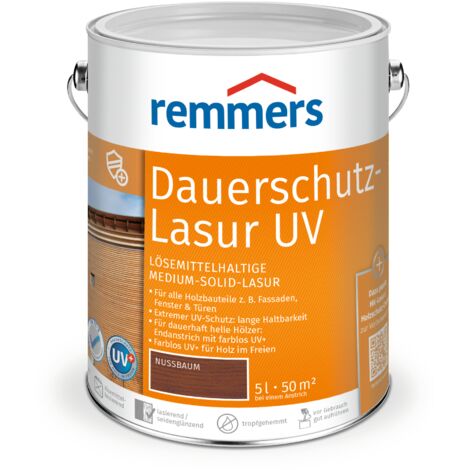 Remmers Dauerschutz-Lasur UV nussbaum, 5 Liter, Holz UV-Schutz für außen, auch für helle Farbtöne und farblos UV+, blockfest, wetterbeständig (1/5)