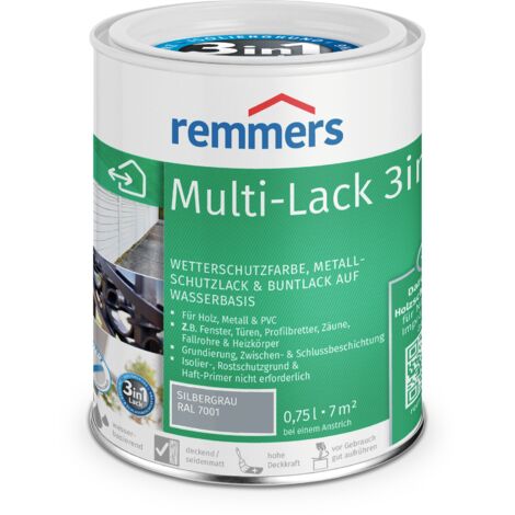 Remmers Multi-Lack 3in1 silbergrau (RAL 7001), 0,75 Liter, Wetterschutzfarbe, Metallschutzlack & Buntlack auf Wasserbasis für Holz, Metall & PVC