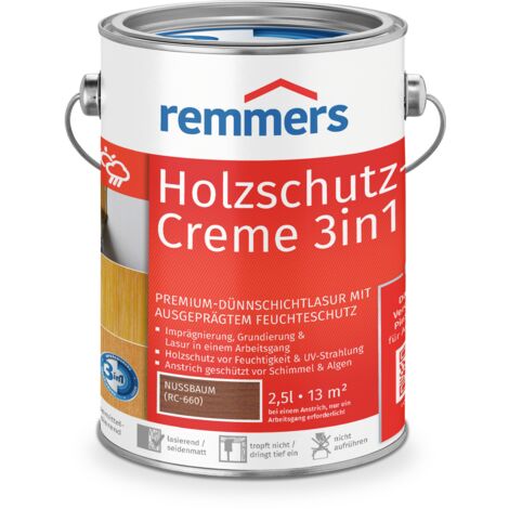 Remmers Holzschutz-Creme 3in1 nussbaum, 2,5 Liter, tropffreie Holzlasur für aussen, 3facher Holzschutz mit Imprägnierung + Grundierung + Lasur
