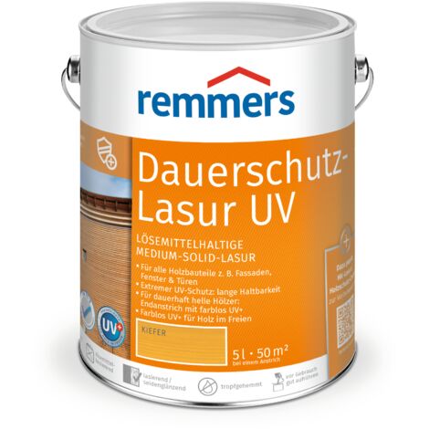 Remmers Dauerschutz-Lasur UV kiefer, 5 Liter, Holz UV-Schutz für außen, auch für helle Farbtöne und farblos UV+, blockfest, wetterbeständig