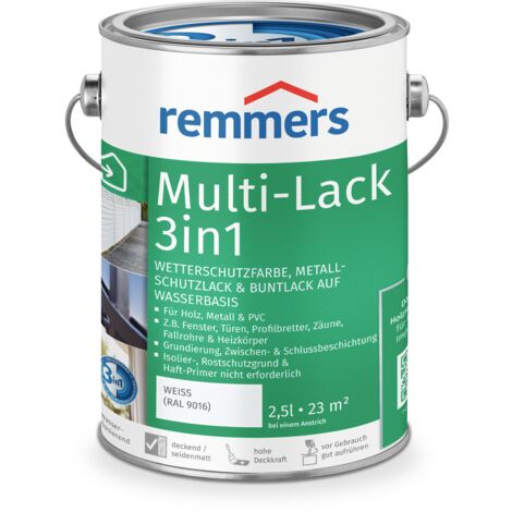 Remmers Multi-Lack 3in1 weiß (RAL 9016), 2,5 Liter, Wetterschutzfarbe, Metallschutzlack & Buntlack auf Wasserbasis für Holz, Metall & PVC