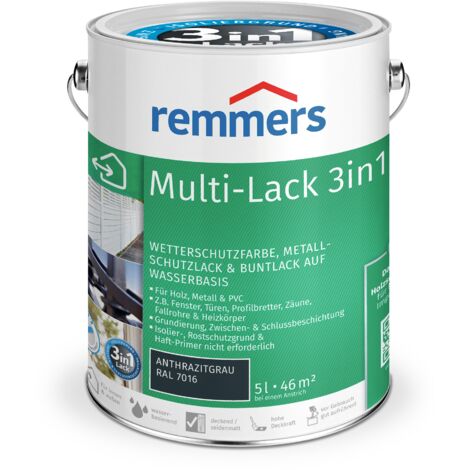 Remmers Multi-Lack 3in1 anthrazitgrau (RAL 7016), 5 Liter, Wetterschutzfarbe, Metallschutzlack & Buntlack auf Wasserbasis für Holz, Metall & PVC