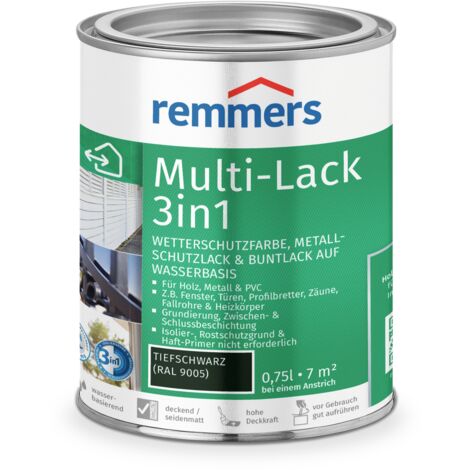Remmers Multi-Lack 3in1 tiefschwarz (RAL 9005), 0,75 Liter, Wetterschutzfarbe, Metallschutzlack & Buntlack auf Wasserbasis für Holz, Metall & PVC